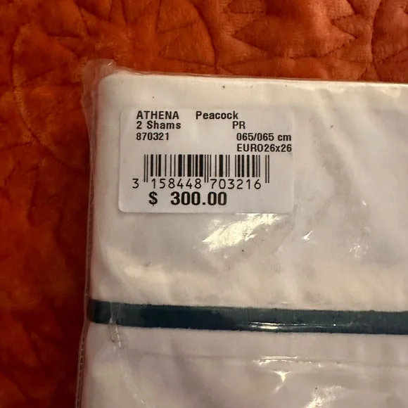 Yves Delorme 100% Egyptian Cotton White & Peacock Green Sham Set 26x26 Sheets